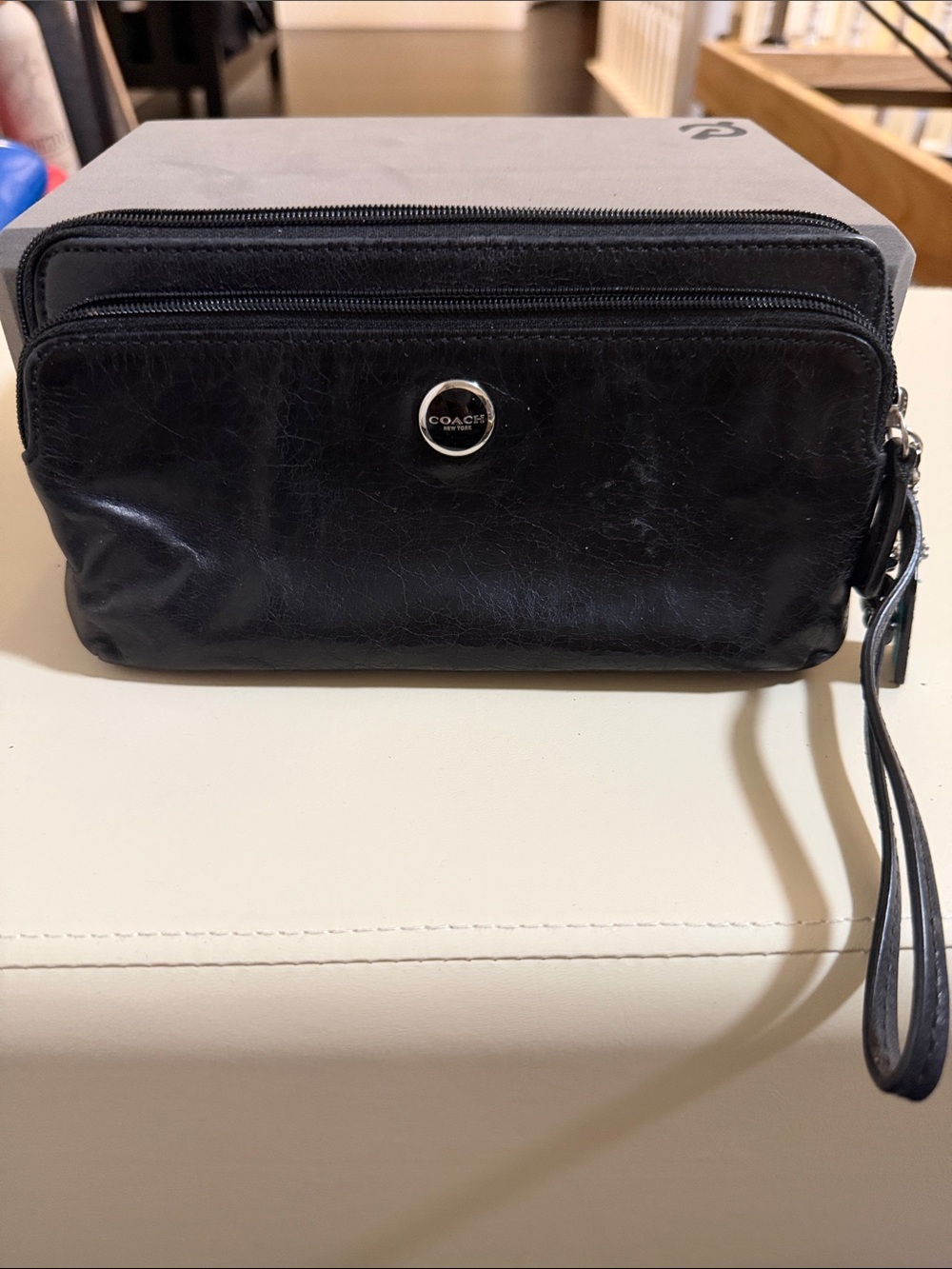 Coach Black Leather Dual-Zip Toiletry Wristlet